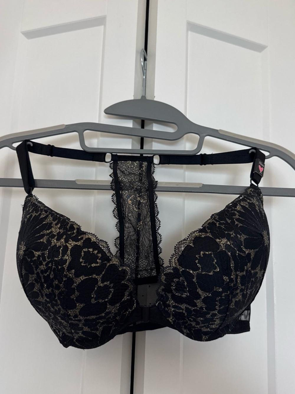 VS Black and Gold Lace Floral Push-Up Bra with front closure